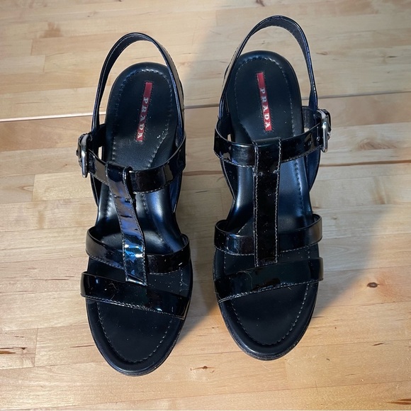 Prada Sport Black Patent Leather Wedge Platform Ankle Strap Sandals Size 39 - Picture 4 of 15